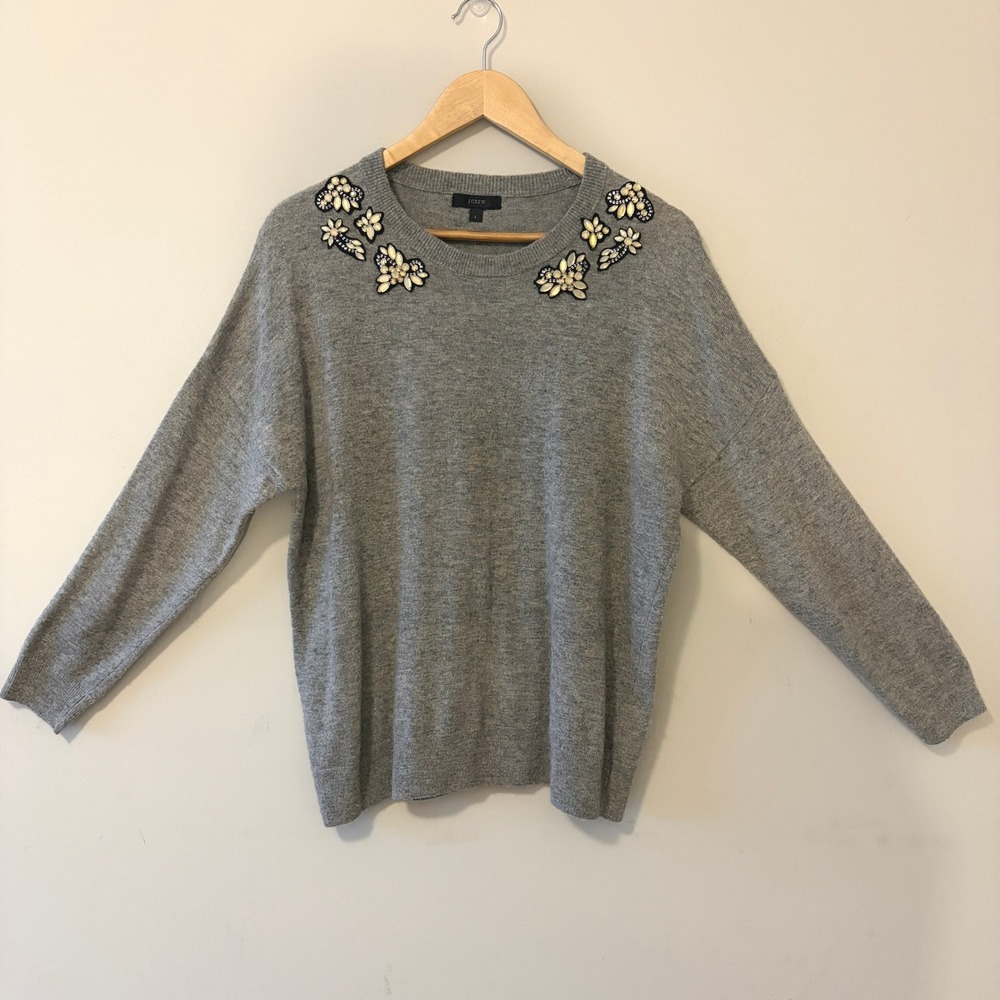 J.Crew Embellished Jewel Neck Sweater Heather Gray Large Wool Blend Floral